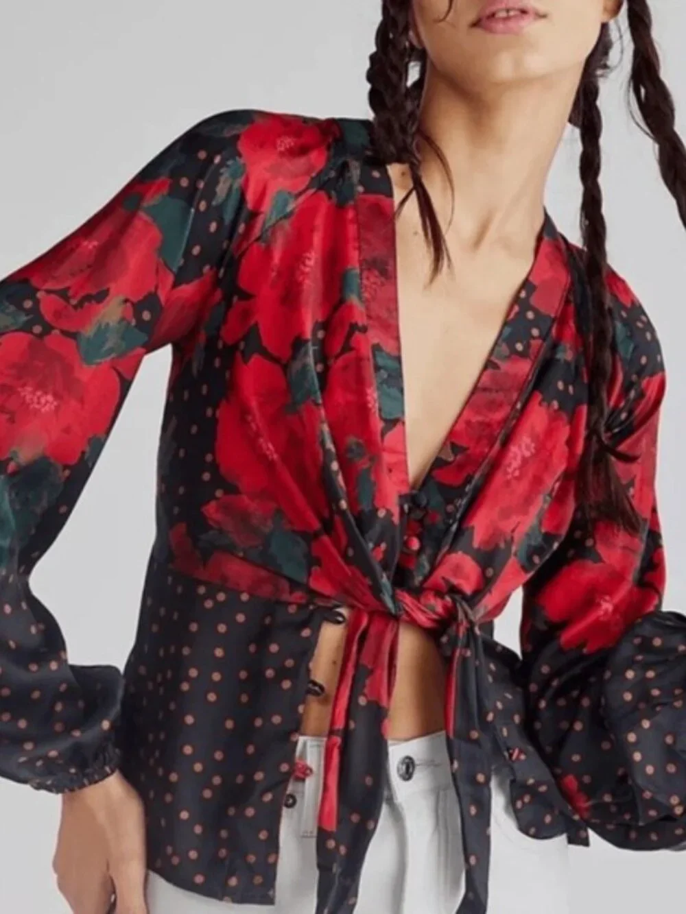 ✨ NWT Free People Run Free Floral Tie Front Blouse – Size Small ✨